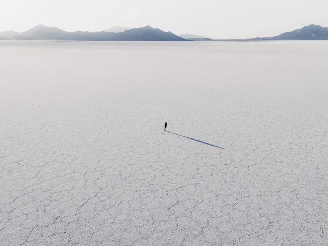 Lone figure stands on a vast, cracked white plain.