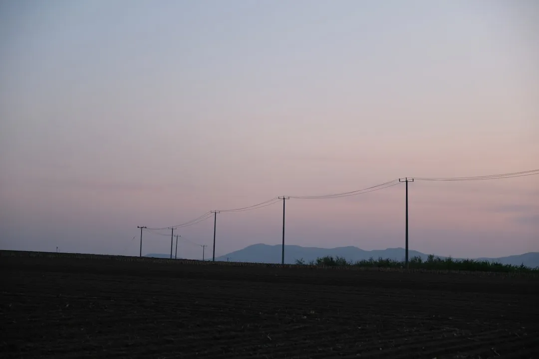 a field with power lines in the distance