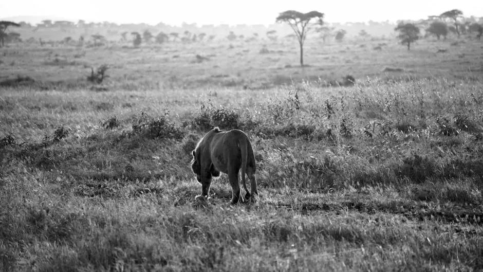 Black and white photo of a lone lion in Tanzania's Serengeti savannah, capturing wildlife essence.