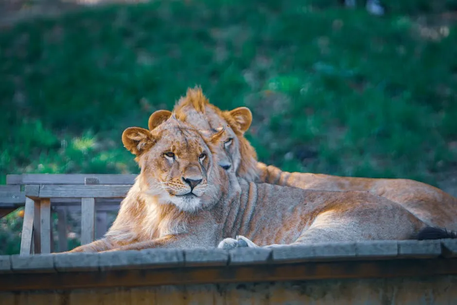 Two majestic lions resting on a wooden platform under the sun in a natural setting.